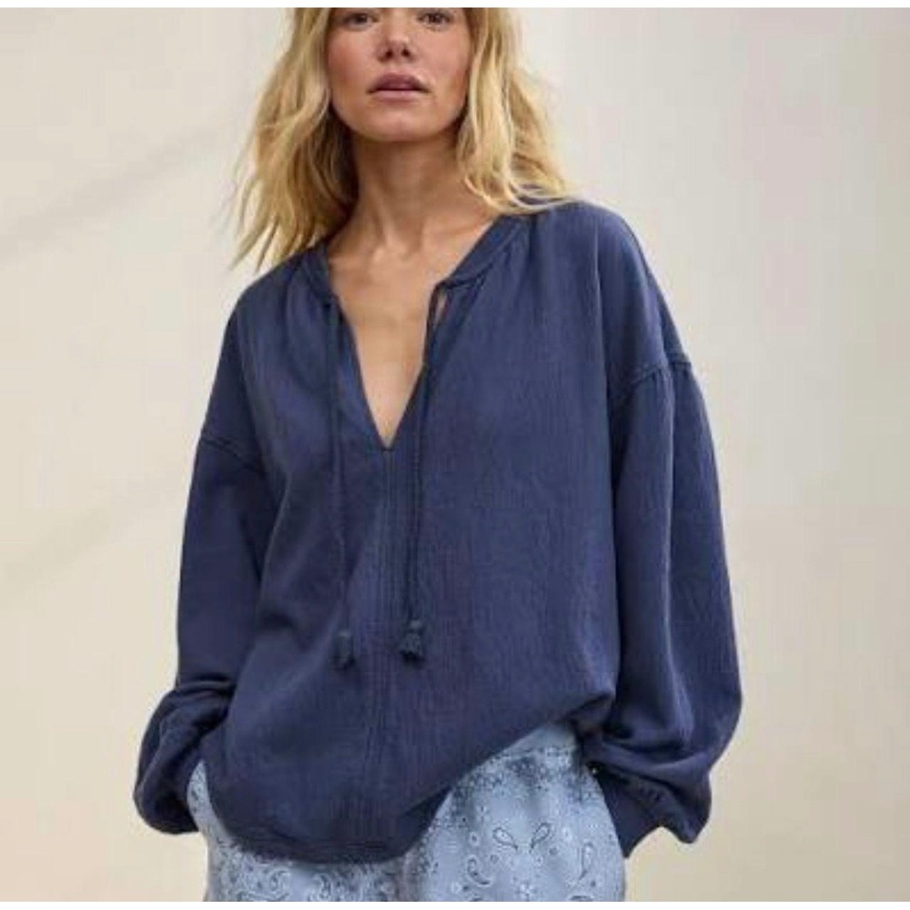 Aerie Blue Textured Gauze V-Neck Tassel Tie Puff Sleeve Sweatshirt 2025 Coastal